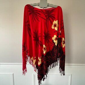 Surface Beach Coverup Pancho with Sleeves Red Tropical Print EUC